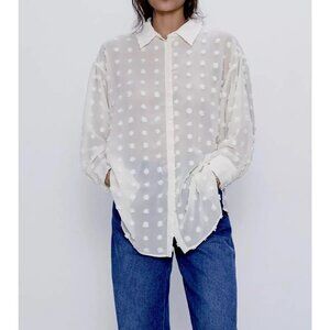 Zara Women Overside Shirt With Raised Detail Top Ecru XS